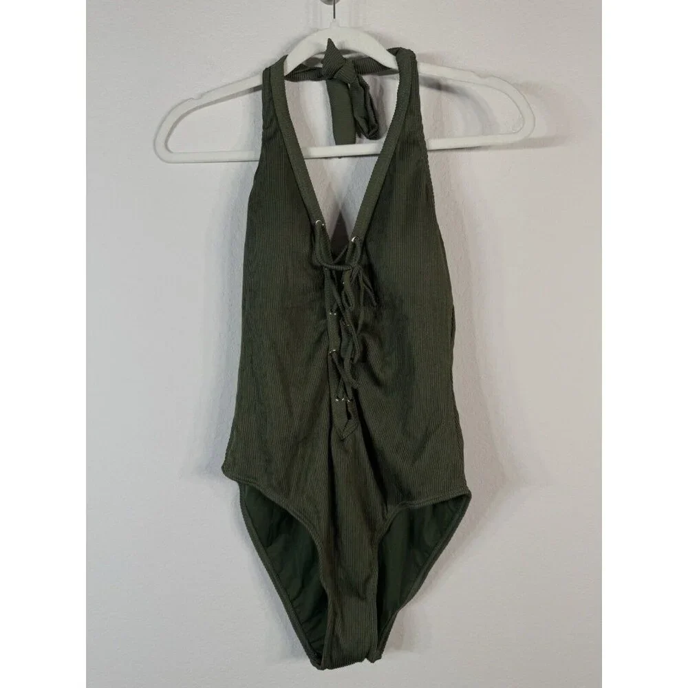 Miss Lola Women’s Olive Green Lace up Halter One Piece Swimsuit Size Large Beach